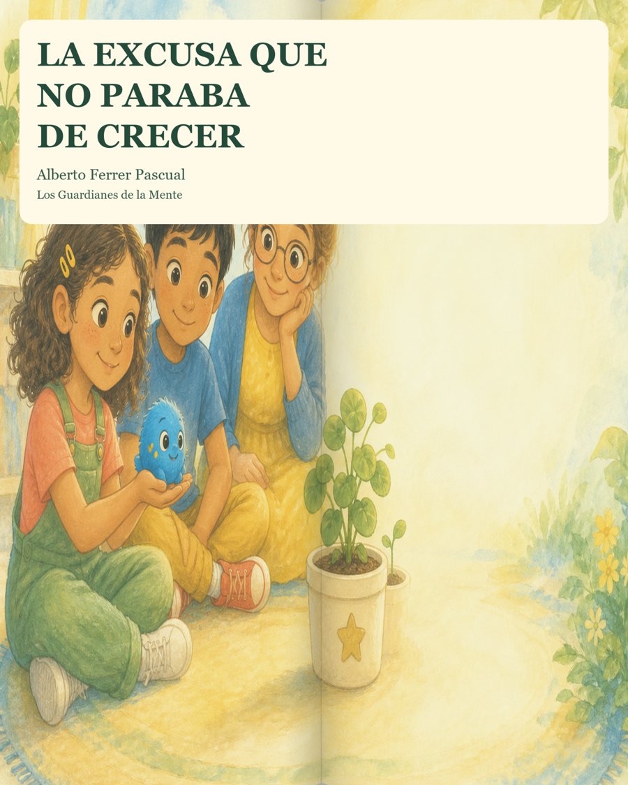 Portada de La excusa que no paraba de crecer: tres niños sentados en el suelo junto a una planta.